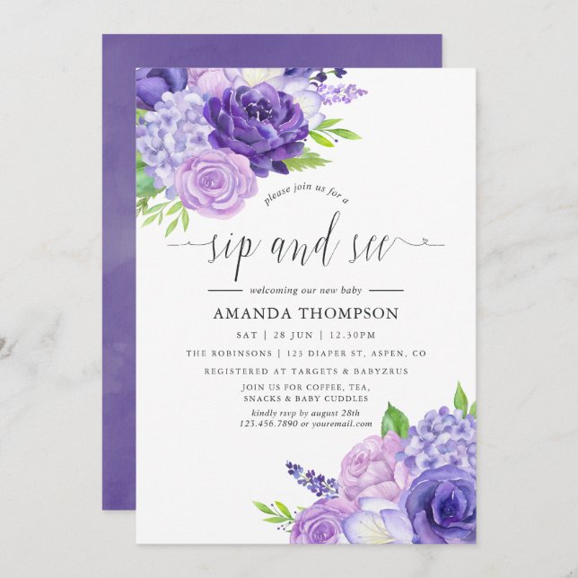 Ultra Violet Watercolor Floral Sip and See Invitation (Front/Back)