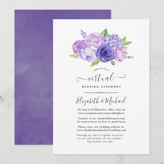 Ultra Violet Watercolor Floral Virtual Wedding Invitation (Front/Back)