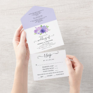Ultra Violet Watercolor Floral Wedding All In One  All In One Invitation