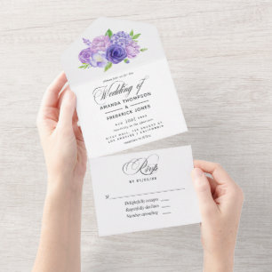 Ultra Violet Watercolor Floral Wedding All In One  Invitation