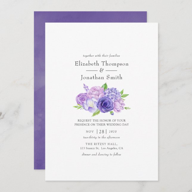 Ultra Violet Watercolor Floral Wedding Invitation (Front/Back)