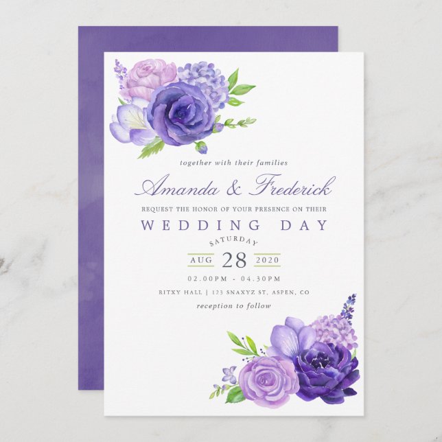 Ultra Violet Watercolor Floral Wedding Invitation (Front/Back)