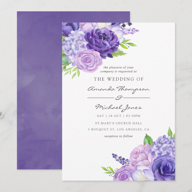 Ultra Violet Watercolor Floral Wedding Invitation (Front/Back)