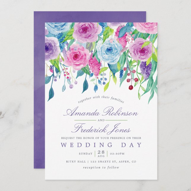 Ultra Violet Watercolor Floral Wedding Invitation (Front/Back)