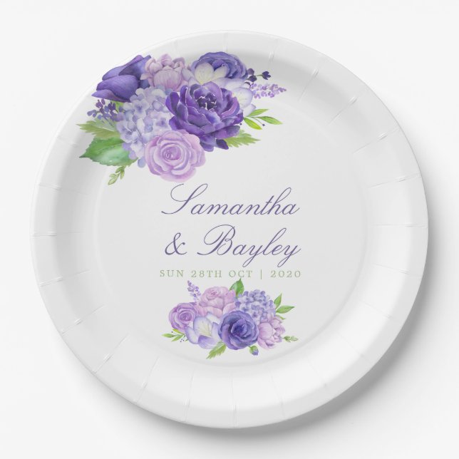Ultra Violet Watercolor Floral Wedding Paper Plate (Front)