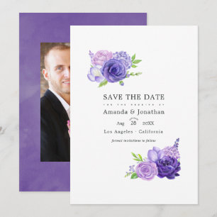 Ultra Violet Watercolor Floral Wedding Photo Save The Date