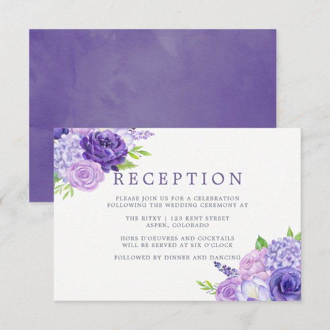 Ultra Violet Watercolor Floral Wedding Reception Invitation (Front/Back)