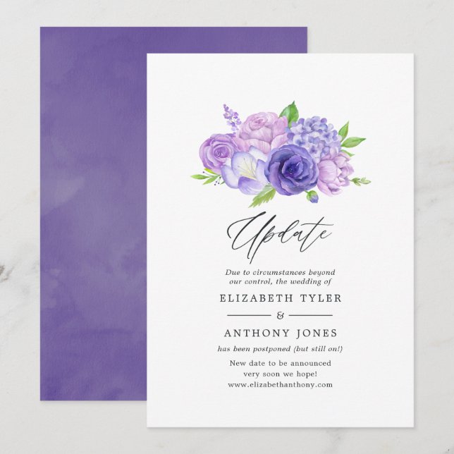 Ultra Violet Watercolor Floral Wedding Update Invitation (Front/Back)