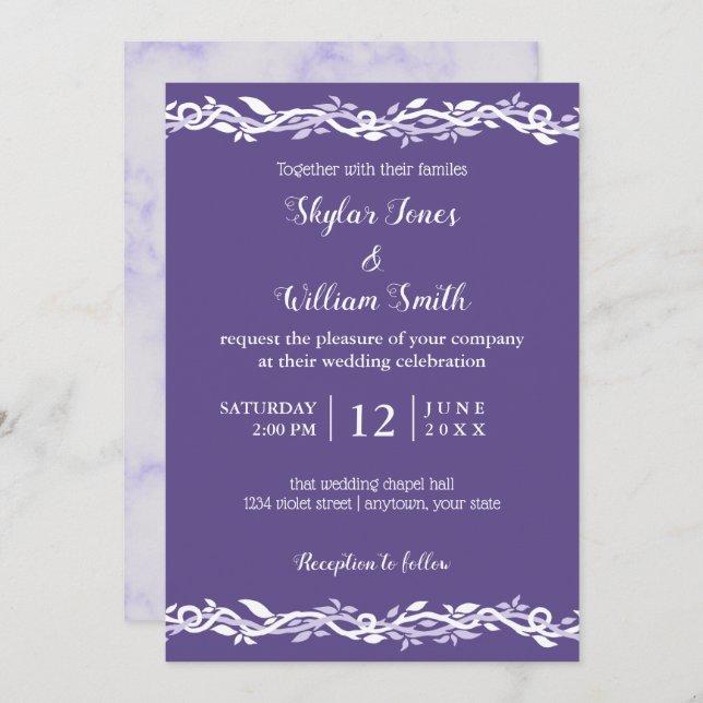 Ultra Violet Wedding Simple Purple And White Invitation (Front/Back)