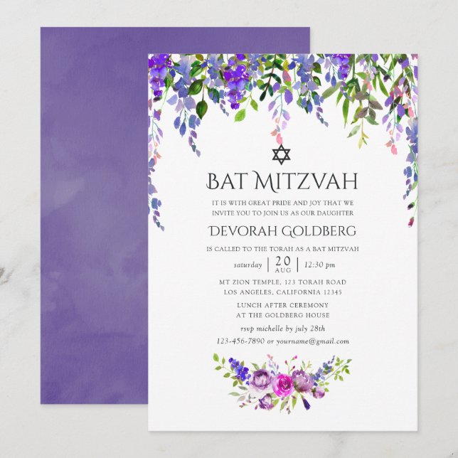 Ultra Violet Wedding Watercolor Floral Bat Mitzvah Invitation (Front/Back)
