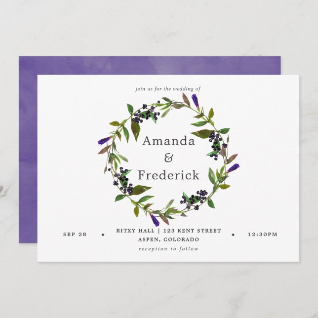 Ultra Violet Wedding Watercolor Floral Invitation (Front/Back)