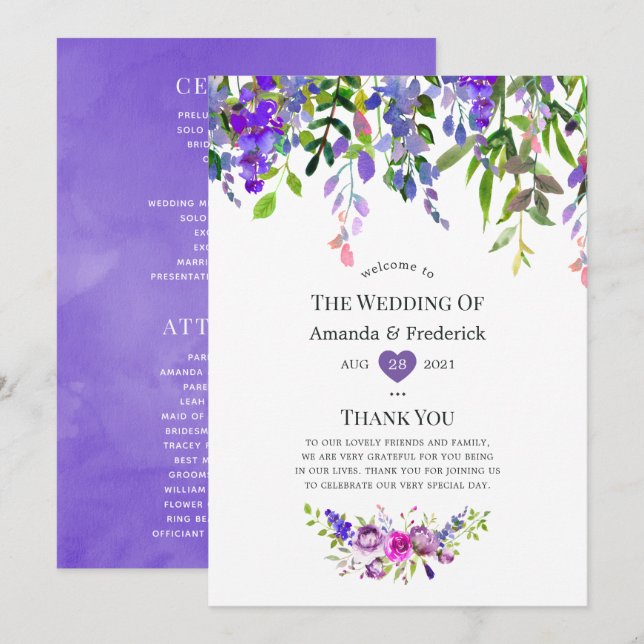 Ultra Violet Wedding Watercolor Floral Programme (Front/Back)