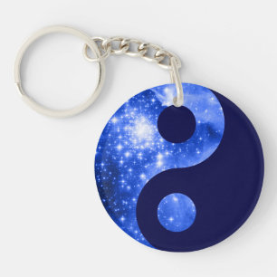 Ultramarine and Navy Blue Stars Yin Yang Symbol Key Ring