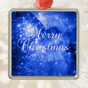 Ultramarine Blue Stars Merry Christmas Metal Tree Decoration