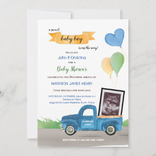Ultrasound Blue Truck Green Balloons Baby Shower Announcement