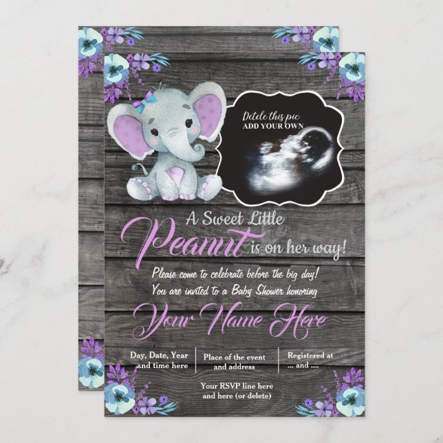 Ultrasound Elephant Baby Shower Invitation, rustic Invitation (Front/Back)