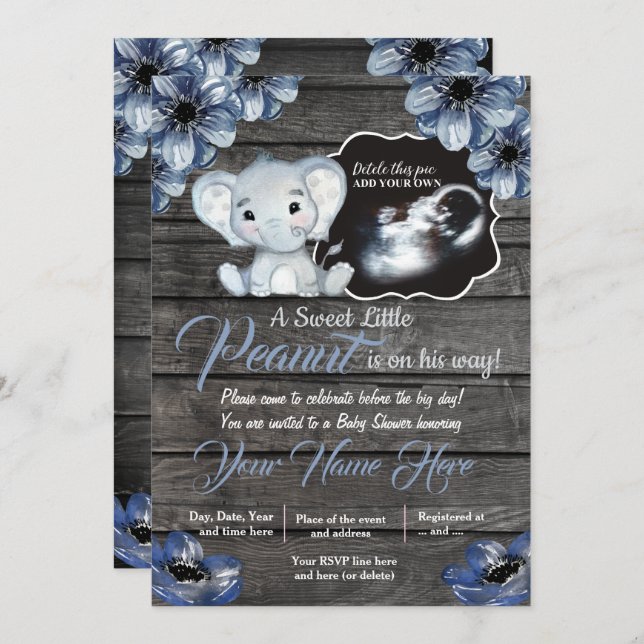 Ultrasound Elephant Baby Shower Invitation, rustic Invitation (Front/Back)