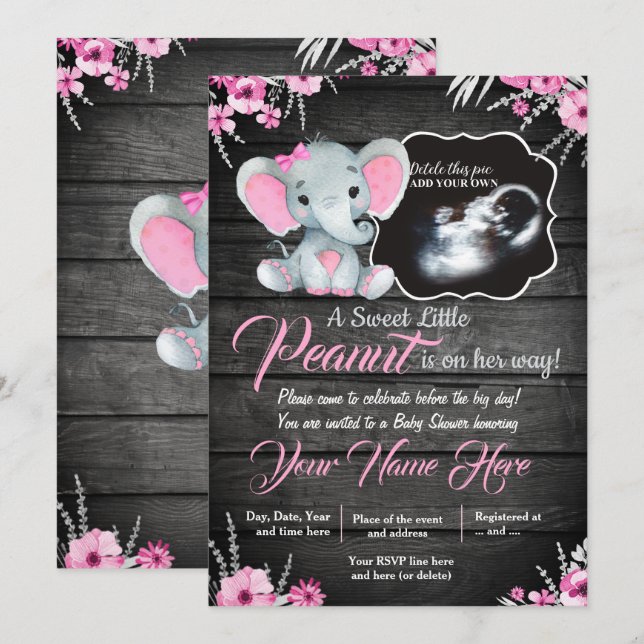 Ultrasound Elephant Baby Shower Invitation, rustic Invitation (Front/Back)