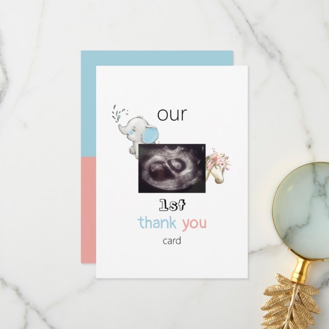 Ultrasound Funny Twin 1st Thank You Card Baby View (Front/Back In Situ)