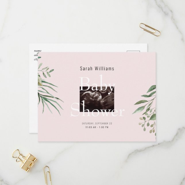 Ultrasound Photo Baby Shower Foliage Pink  Invitation Postcard (Front/Back In Situ)