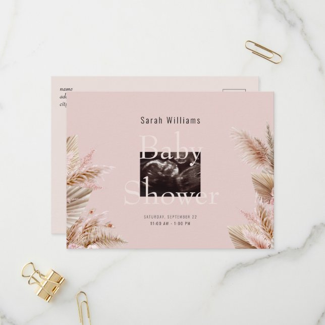 Ultrasound Photo Baby Shower Pink Pampas Invitation Postcard (Front/Back In Situ)