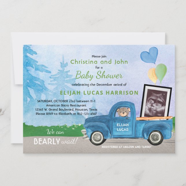 Ultrasound Photo Blue Truck Bear Baby Shower Invitation (Front)