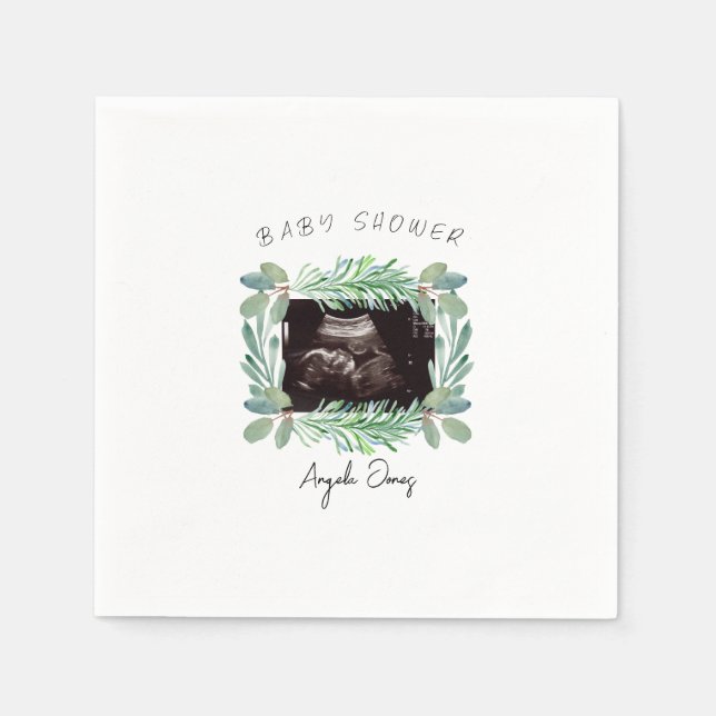 Ultrasound  Photo Greenery Neutral Baby Shower  Napkin (Front)