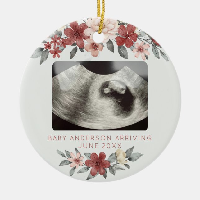 Ultrasound Pregnancy Announcement Keepsake Floral Ceramic Tree Decoration (Front)