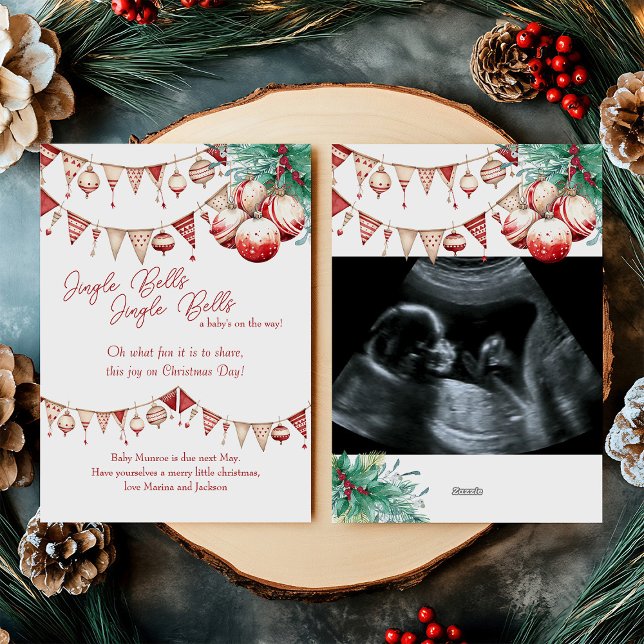 Ultrasound Scan Photo Scandi Pregnancy Reveal Holiday Card (Christmas Card Pregnancy Announcement with your baby scan ultrasound photo)