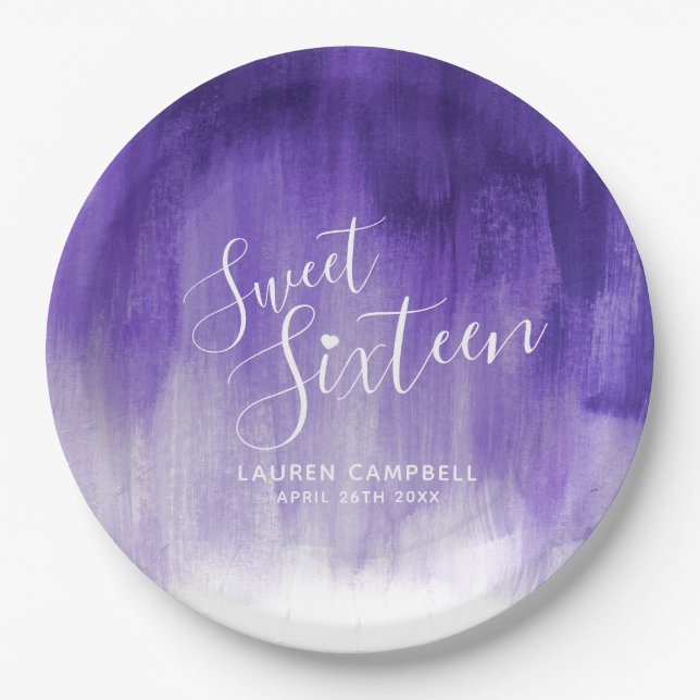 Ultraviolet abstract modern art sweet 16 birthday paper plate (Front)