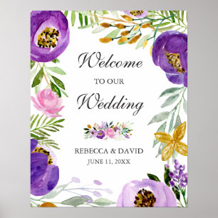 Ultraviolet Pink Gold Floral Wedding Welcome Sign