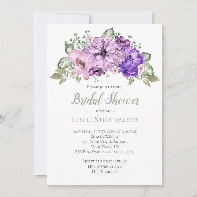 UltraViolet Purple Sage Green Floral Bridal Shower Invitation (Front)