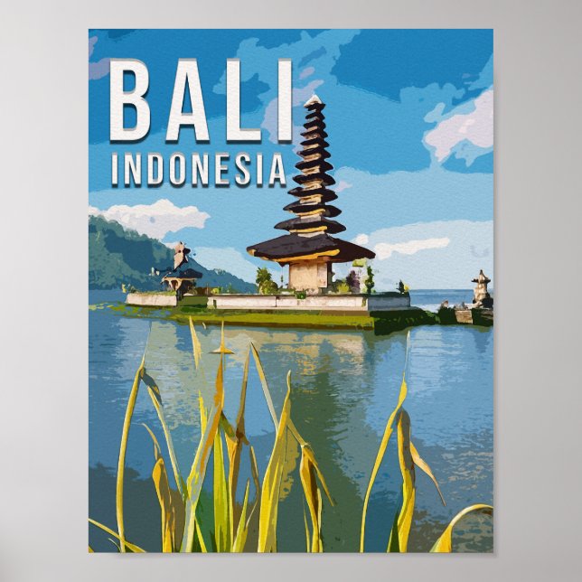 Ulun Danu Beratan Temple Indonesia Watercolor Poster (Front)