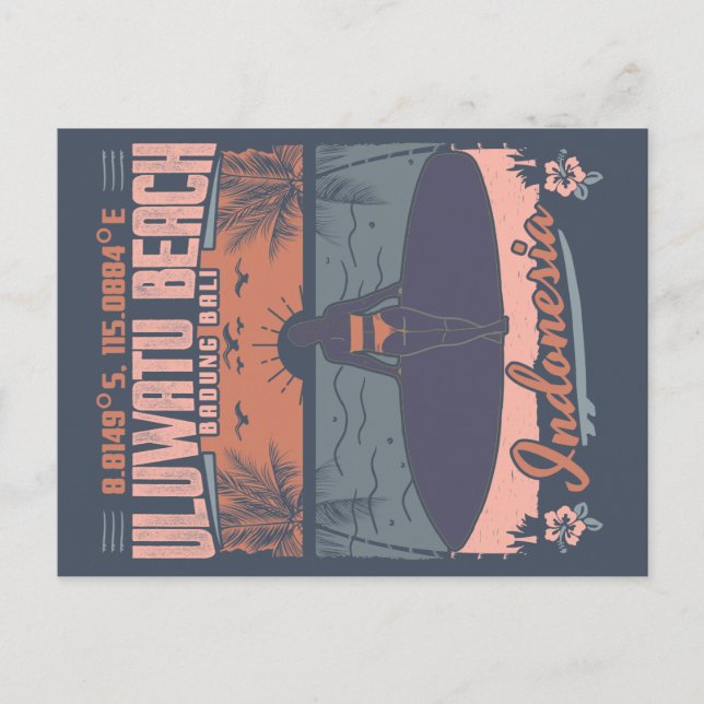 ULUWATU BEACH - SURFING GIRL - BALI INDONESIA POSTCARD (Front)