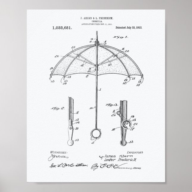 Umbrella 1912 Patent Art White Paper Poster (Front)