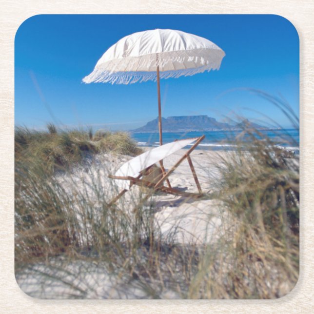 Umbrella And Chair On Beach Square Paper Coaster (Front)