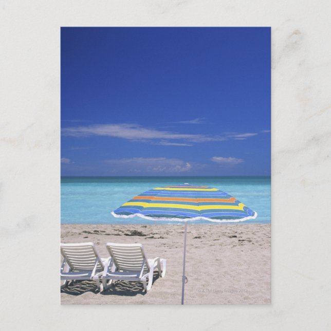 Umbrella and two lounge chairs on beach, Miami Postcard (Front)