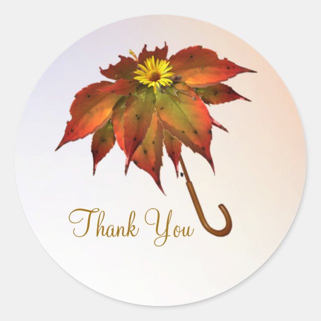 Umbrella autumn leaves Thank You Classic Round Sticker (Front)