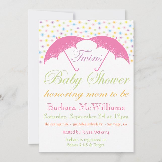 Umbrella Baby Girl Twins Shower Invitations (Front)