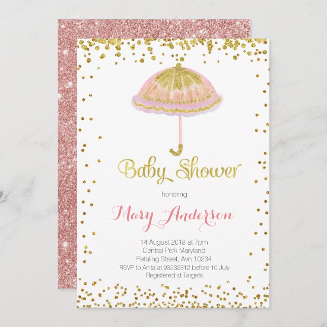 Umbrella Baby Shower Invitation Gold Glitter (Front/Back)