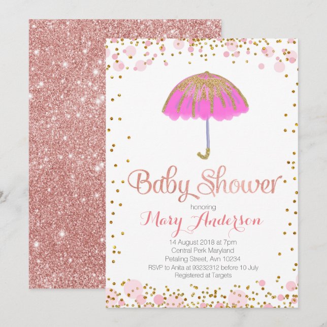 Umbrella Baby Shower Invitation Gold Glitter PINK (Front/Back)