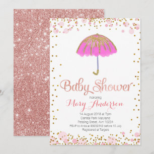 Umbrella Baby Shower Invitation Gold Glitter PINK