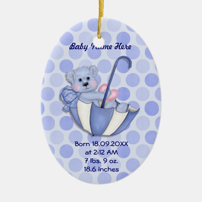Umbrella Bear - Blue - Personalise Ceramic Tree Decoration (Front)