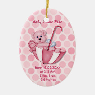 Umbrella Bear - Pink - Personalise Ceramic Tree Decoration