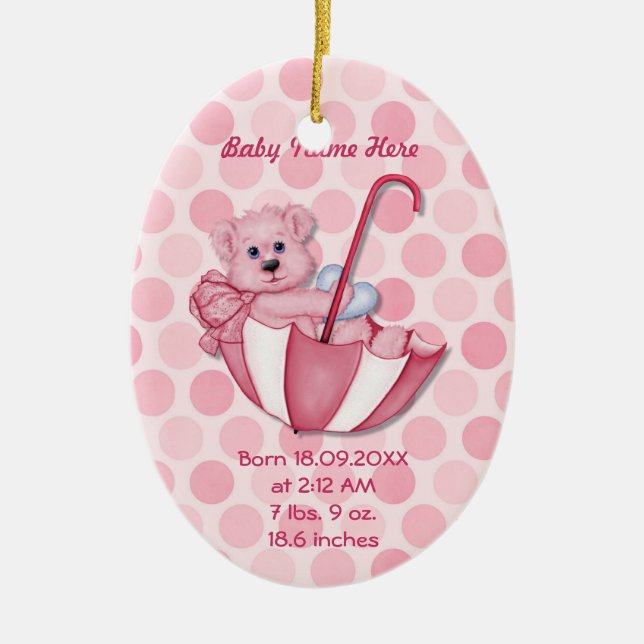 Umbrella Bear - Pink - Personalise Ceramic Tree Decoration (Front)