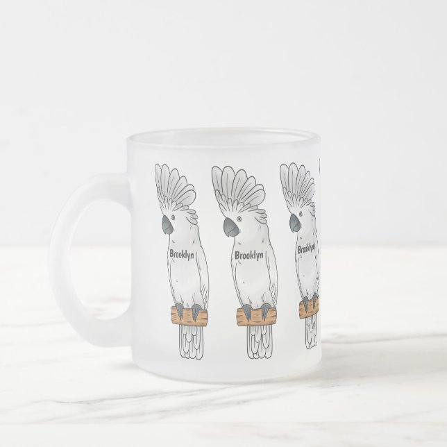 Umbrella cockatoo bird cartoon illustration frosted glass coffee mug (Left)