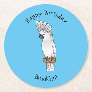Umbrella cockatoo bird cartoon illustration  round paper coaster