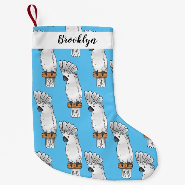 Umbrella cockatoo bird cartoon illustration  small christmas stocking (Front)