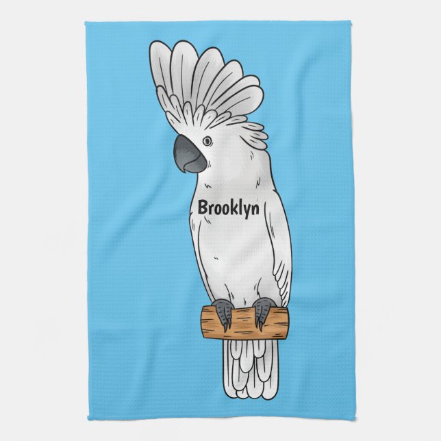 Umbrella cockatoo bird cartoon illustration tea towel (Vertical)