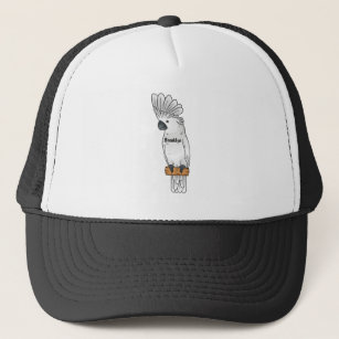 Umbrella cockatoo bird cartoon illustration  trucker hat
